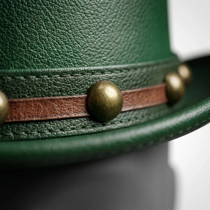 Genuine Leather Steampunk Top Hat Green Studded Band Gothic Mad Hatter S