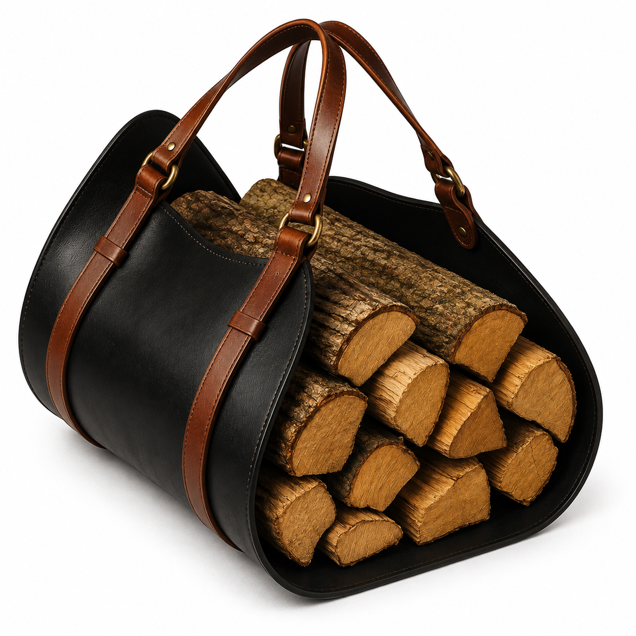 Personalised Black Leather Firewood Carrier with Brown Straps ΓÇô Heavy Duty Log Holder Tote, Rustic Home Fireplace Accessory, Wood Carry Bag