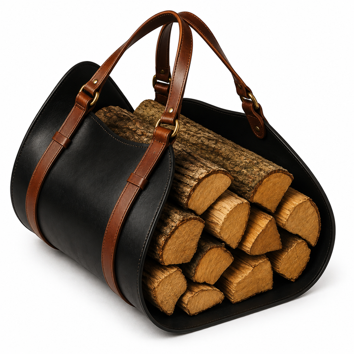 Personalised Black Leather Firewood Carrier with Brown Straps ΓÇô Heavy Duty Log Holder Tote, Rustic Home Fireplace Accessory, Wood Carry Bag