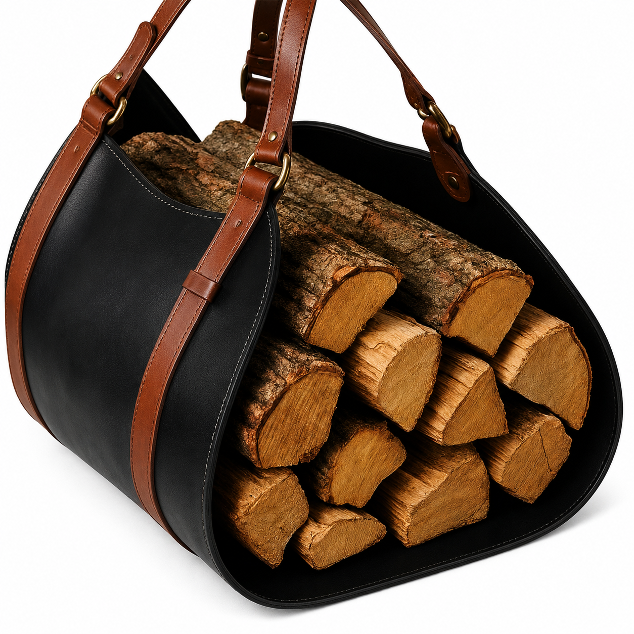 Personalised Black Leather Firewood Carrier with Brown Straps ΓÇô Heavy Duty Log Holder Tote, Rustic Home Fireplace Accessory, Wood Carry Bag