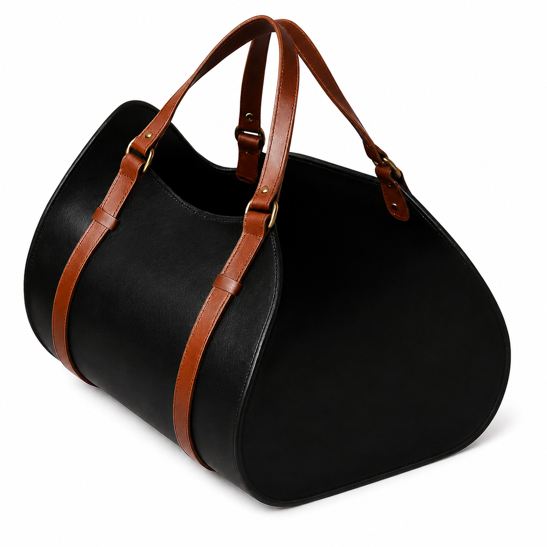 Personalised Black Leather Firewood Carrier with Brown Straps ΓÇô Heavy Duty Log Holder Tote, Rustic Home Fireplace Accessory, Wood Carry Bag