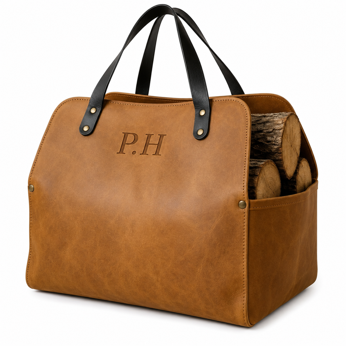 Personalized Leather Log Carrier, Firewood Tote, Engraved Log Holder, Fireplace Wood Carrier, Leather Firewood Bag, Hearth Gift, Christmas