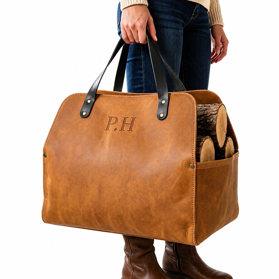 Personalized Leather Log Carrier, Firewood Tote, Engraved Log Holder, Fireplace Wood Carrier, Leather Firewood Bag, Hearth Gift, Christmas