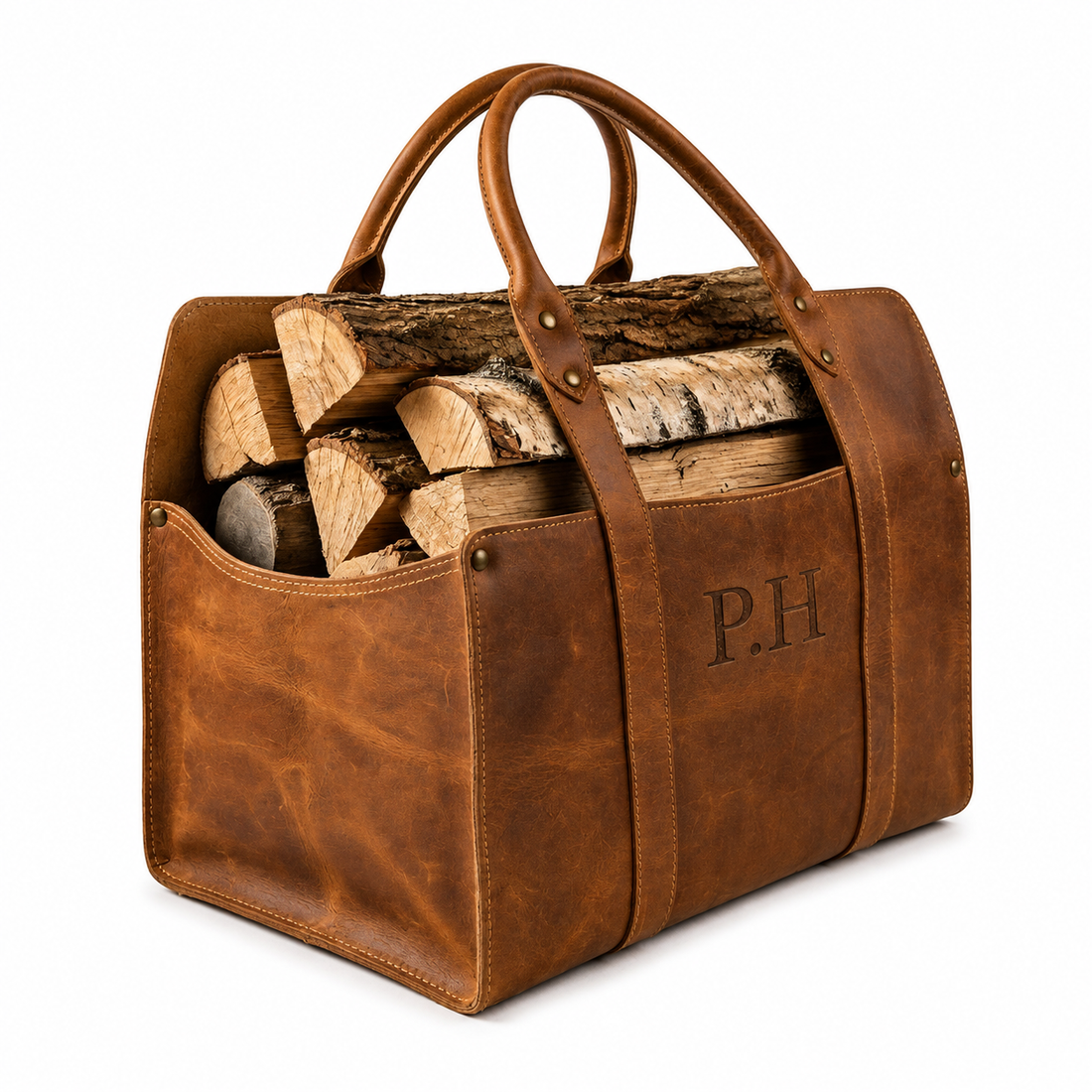 Handcrafted Leather Firewood Carrier, Rustic Log Tote for Fireplace, Vintage Wood Holder, Cabin Decor, Firewood Storage Bag, Gift for Him