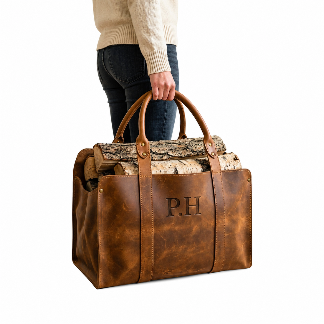 Handcrafted Leather Firewood Carrier, Rustic Log Tote for Fireplace, Vintage Wood Holder, Cabin Decor, Firewood Storage Bag, Gift for Him