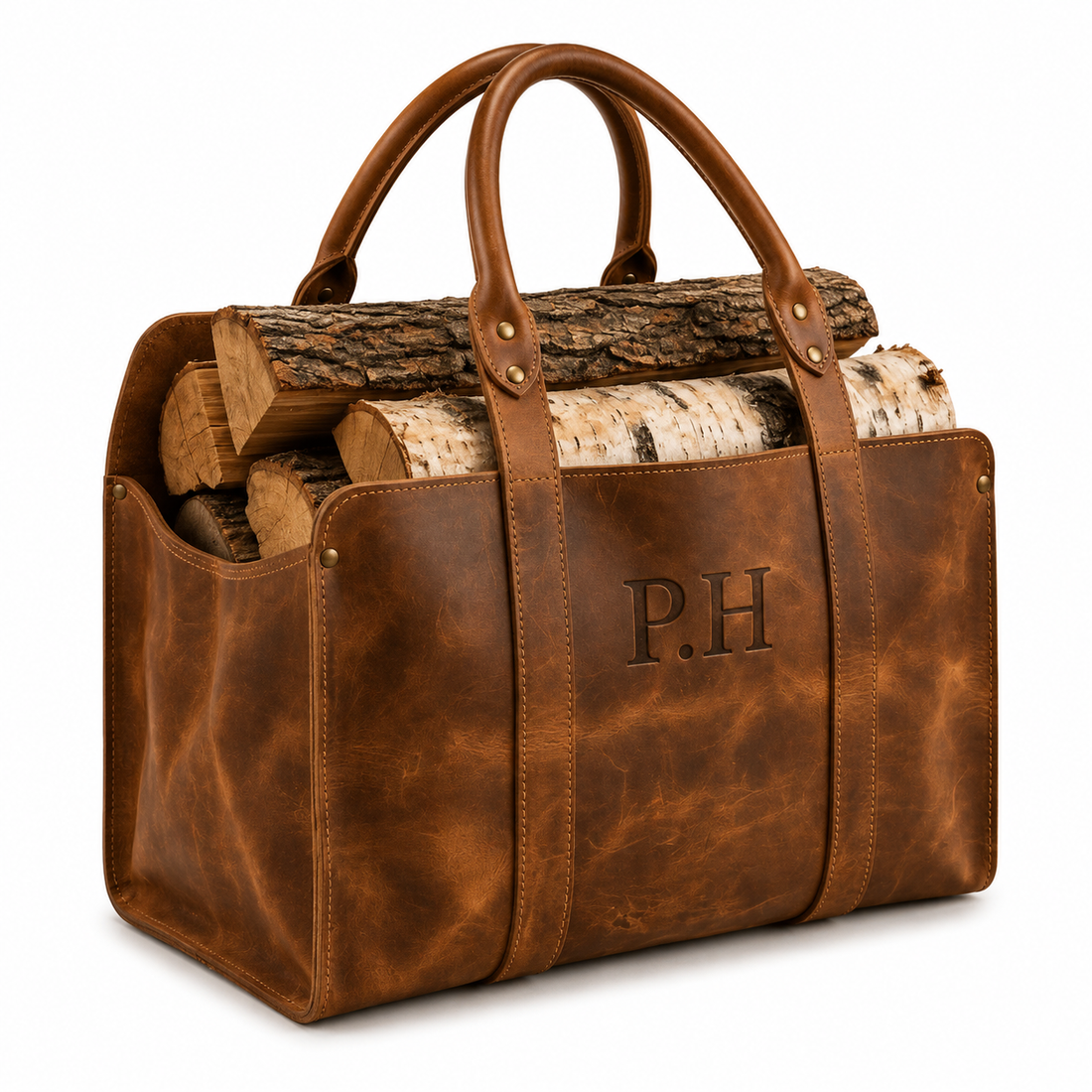 Handcrafted Leather Firewood Carrier, Rustic Log Tote for Fireplace, Vintage Wood Holder, Cabin Decor, Firewood Storage Bag, Gift for Him