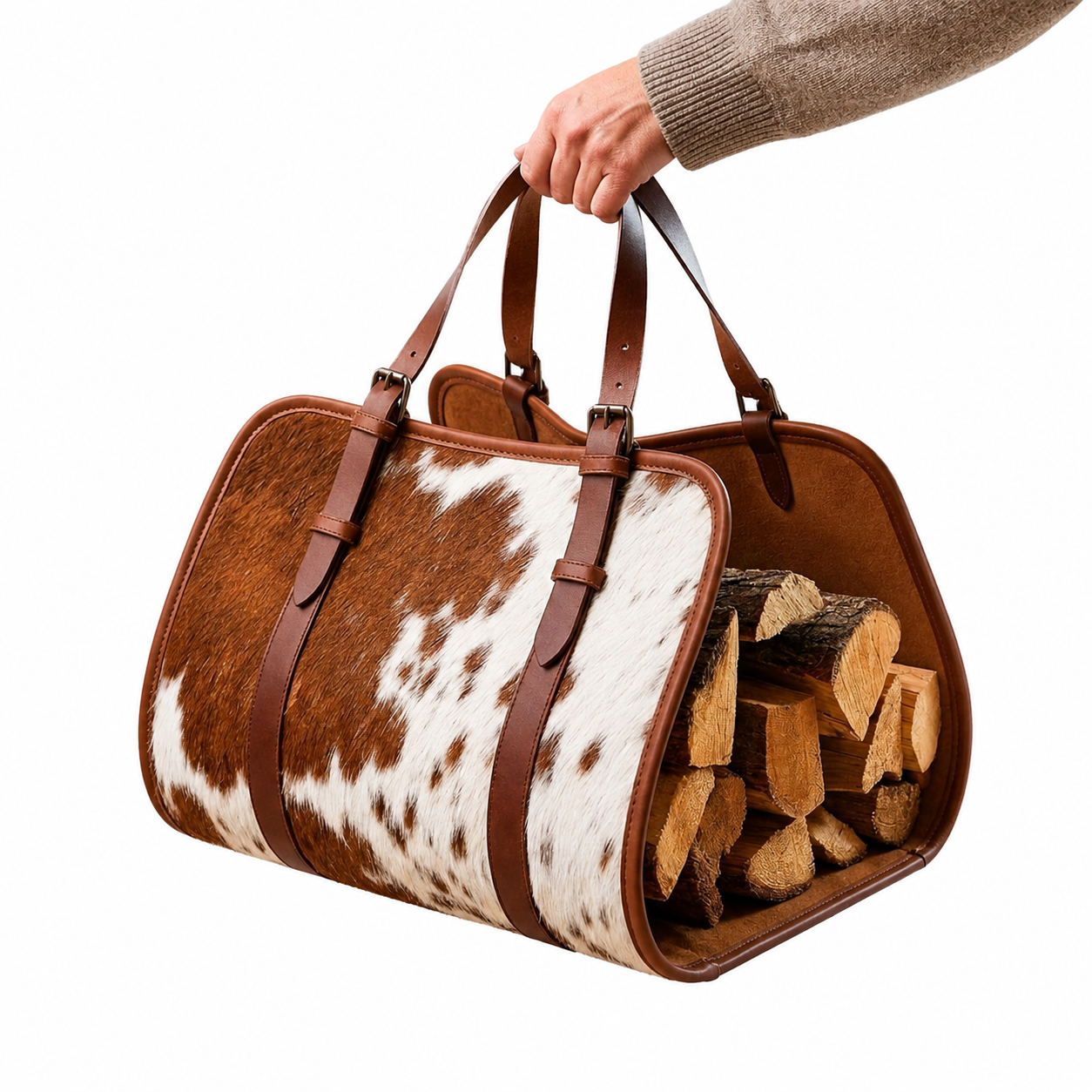 Hair-On Hide Leather Log Carrier, Personalized Cowhide Firewood Tote, Rustic Fireplace Wood Holder, Gift For Winters & Christmas