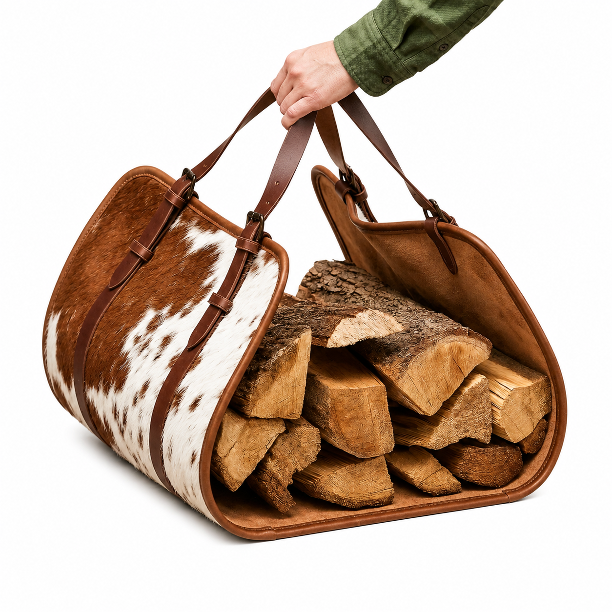 Hair-On Hide Leather Log Carrier, Personalized Cowhide Firewood Tote, Rustic Fireplace Wood Holder, Gift For Winters & Christmas
