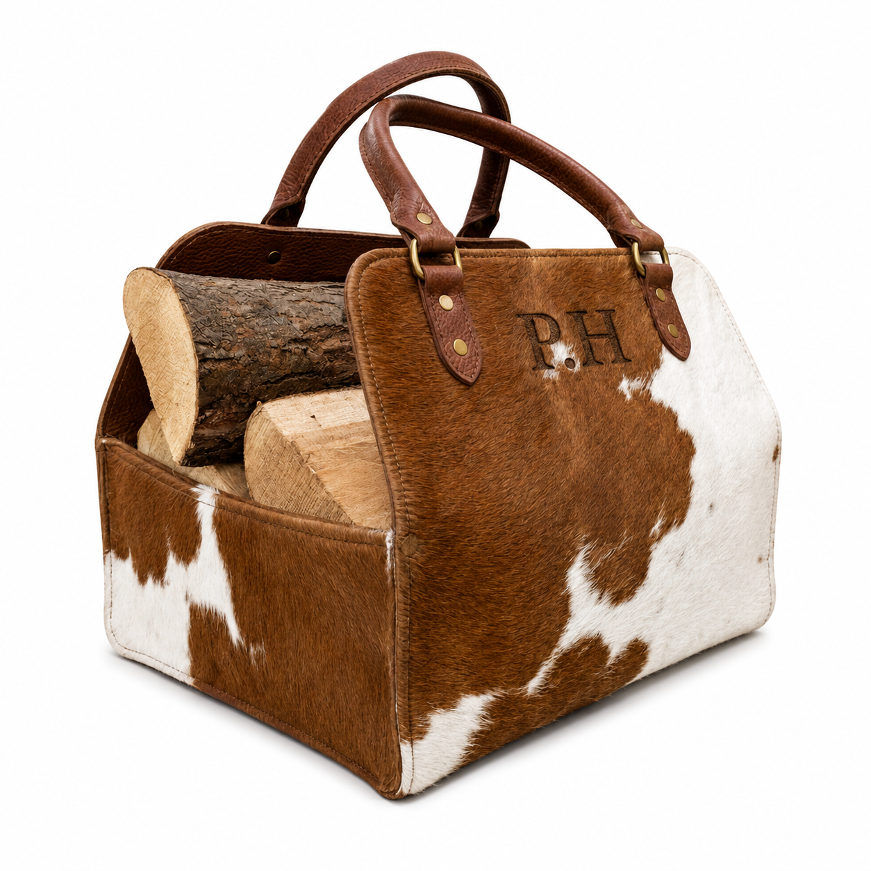 Hair On Hide Leather Log Carrier, Personalized Firewood Tote, Cowhide Wood Carrier, Fireplace Log Holder, Rustic Hearth Gift, Fireplace Bag