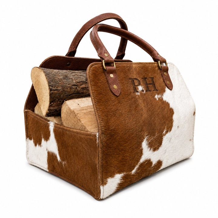 Hair On Hide Leather Log Carrier, Personalized Firewood Tote, Cowhide Wood Carrier, Fireplace Log Holder, Rustic Hearth Gift, Fireplace Bag