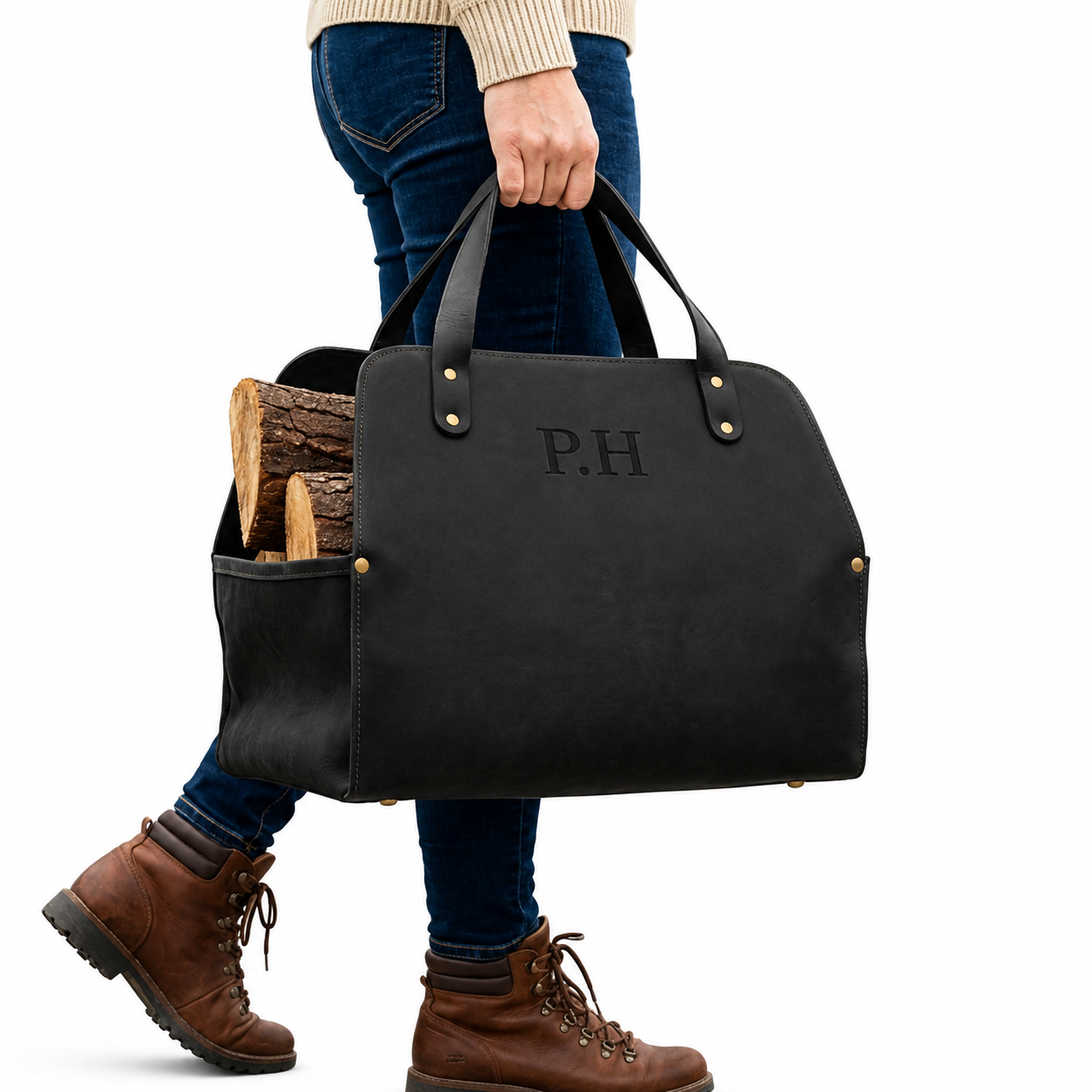 Premium Matte Black Leather Firewood Storage Bag