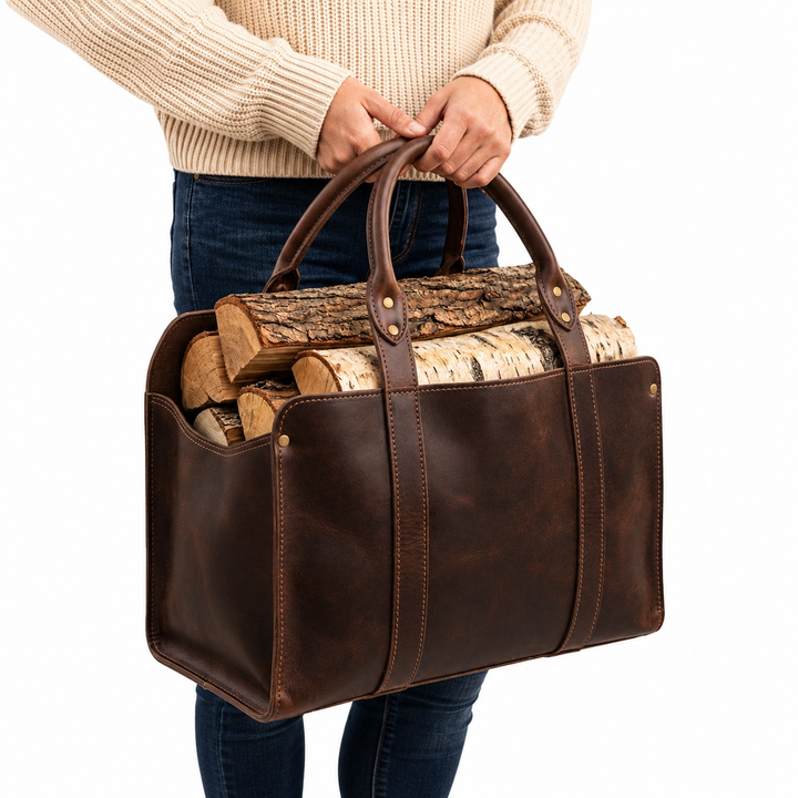 Handcrafted Rustic Leather Log Tote & Firewood Carrier
