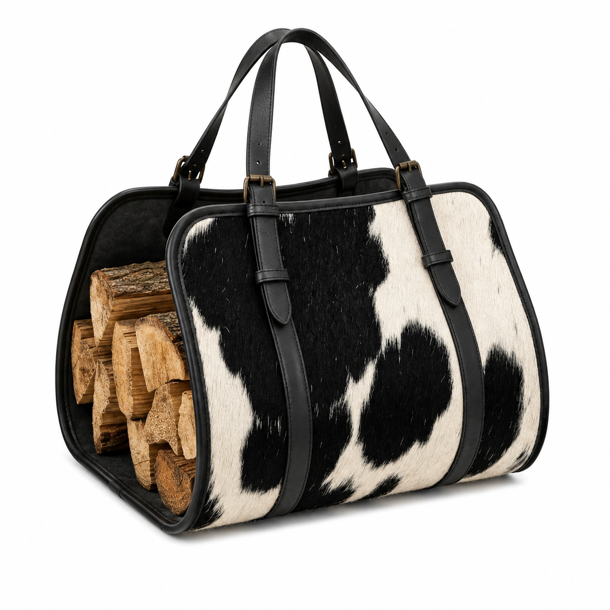 Luxury Cowhide Leather Firewood Carrier Bag