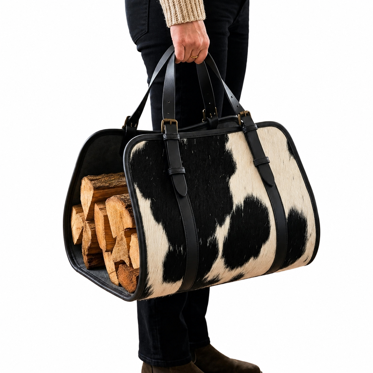 Luxury Cowhide Leather Firewood Carrier Bag