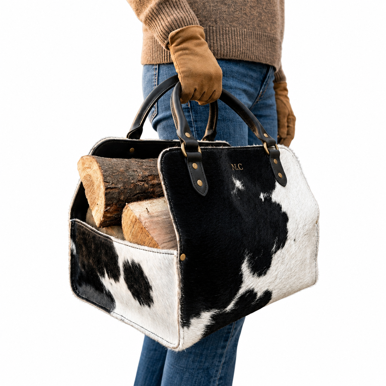 Premium Hair-on-Hide Leather Firewood Storage Bag
