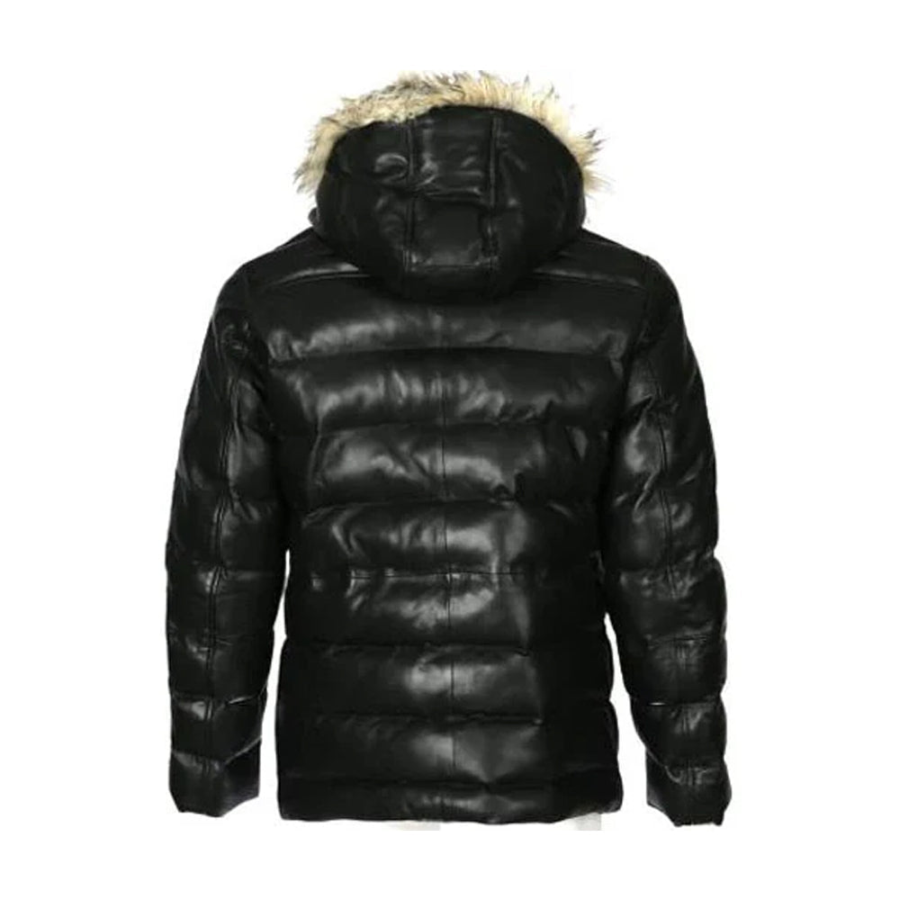 Mens Puffer Leather Jacket In Black With Fur Hoodie