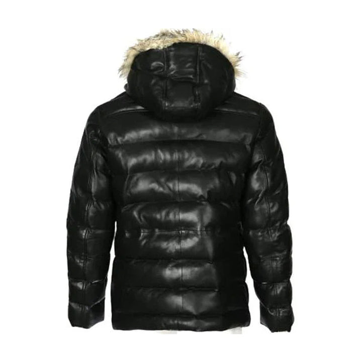 Mens Puffer Leather Jacket In Black With Fur Hoodie