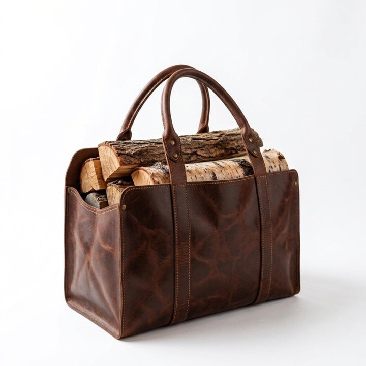 Handcrafted Rustic Leather Log Tote & Firewood Carrier