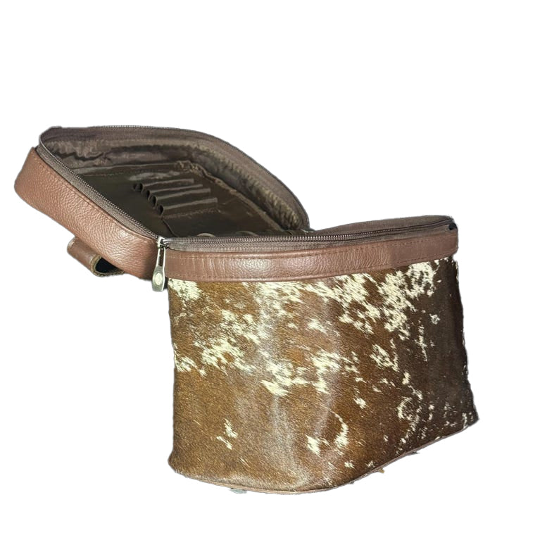 Handmade Cowhide Makeup Bag, Cosmetic Bag  Brown & White Leather Western Style Vanity Box