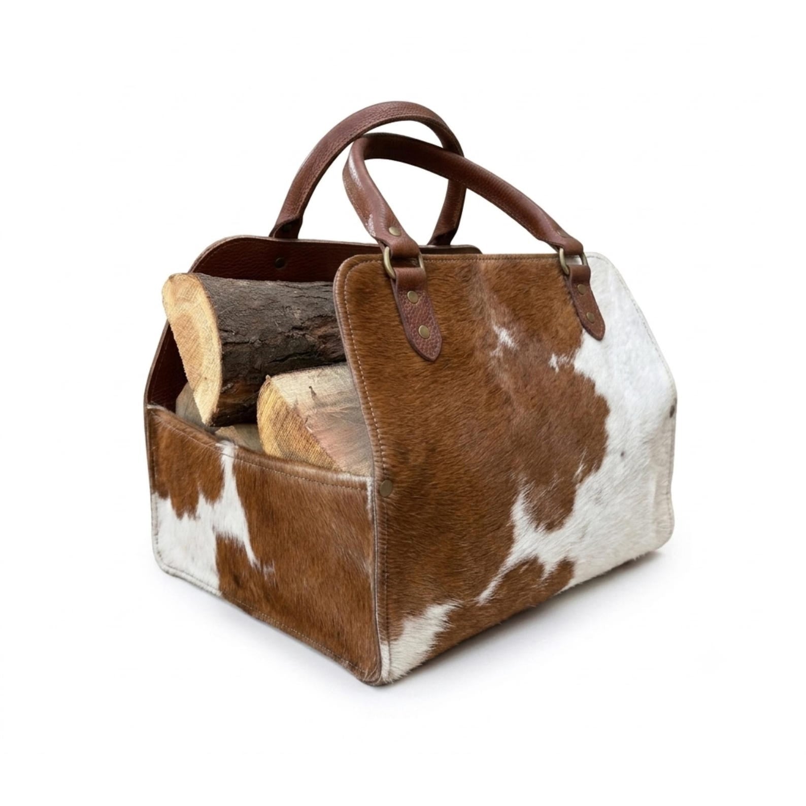 Hair On Hide Leather Log Carrier, Personalized Firewood Tote, Cowhide Wood Carrier, Fireplace Log Holder, Rustic Hearth Gift, Fireplace Bag