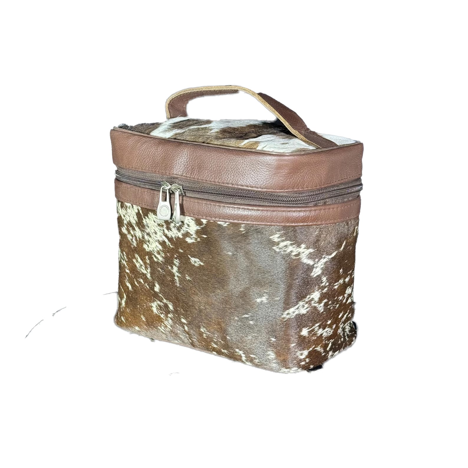 Handmade Cowhide Makeup Bag, Cosmetic Bag  Brown & White Leather Western Style Vanity Box