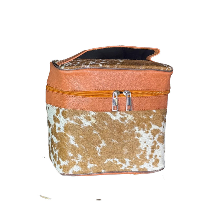 Handmade Cowhide Makeup Bag, Cosmetic Bag  Tan & White Leather Western Style Vanity Box1