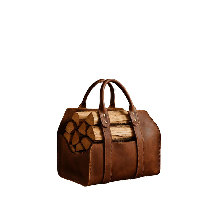 Handmade Leather Firewood Carrier, Rustic Log Holder Tote Bag for Fireplace, Cabin Decor, Wood Storage, vintage wood carrier, Gift for Him
