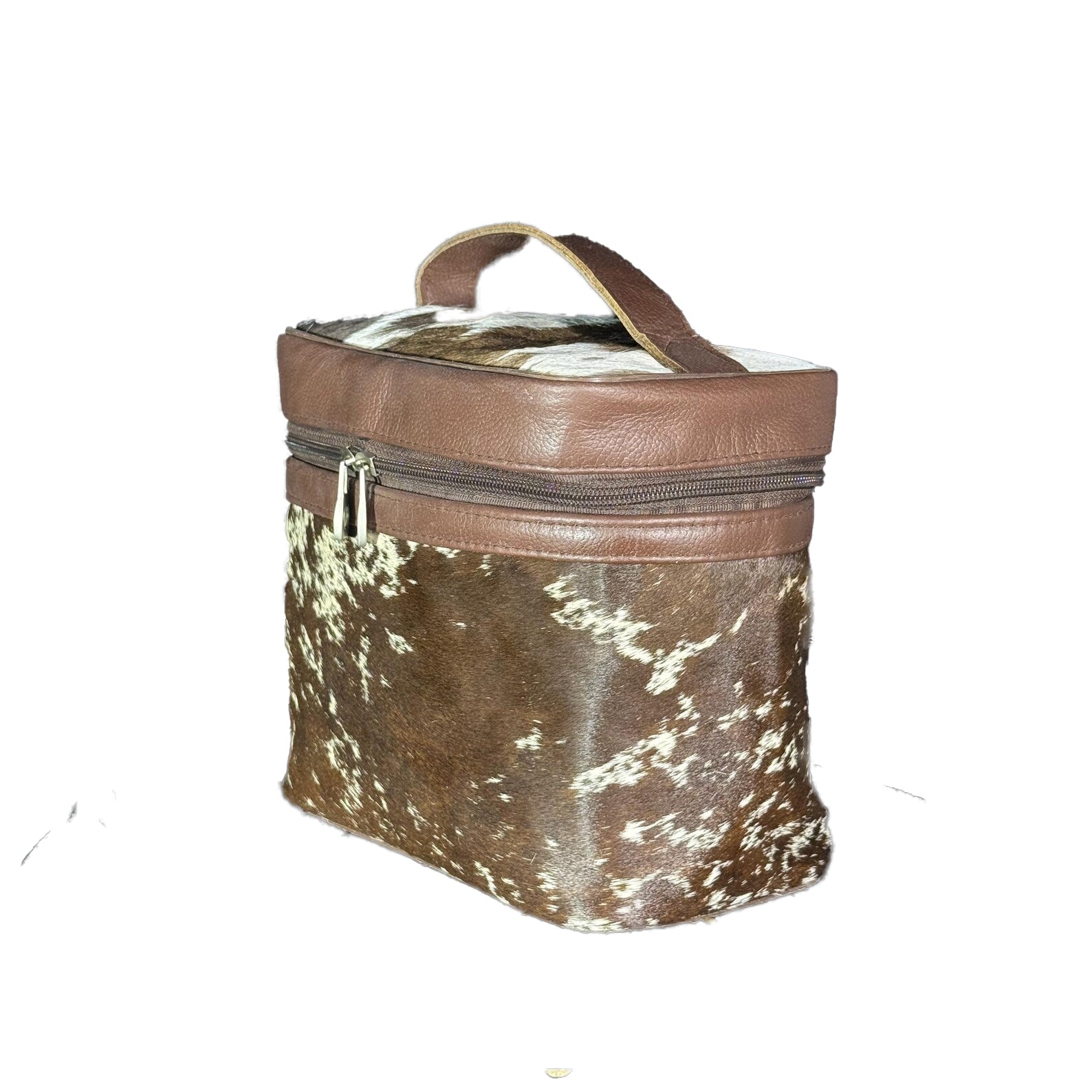 Handmade Cowhide Makeup Bag, Cosmetic Bag  Brown & White Leather Western Style Vanity Box