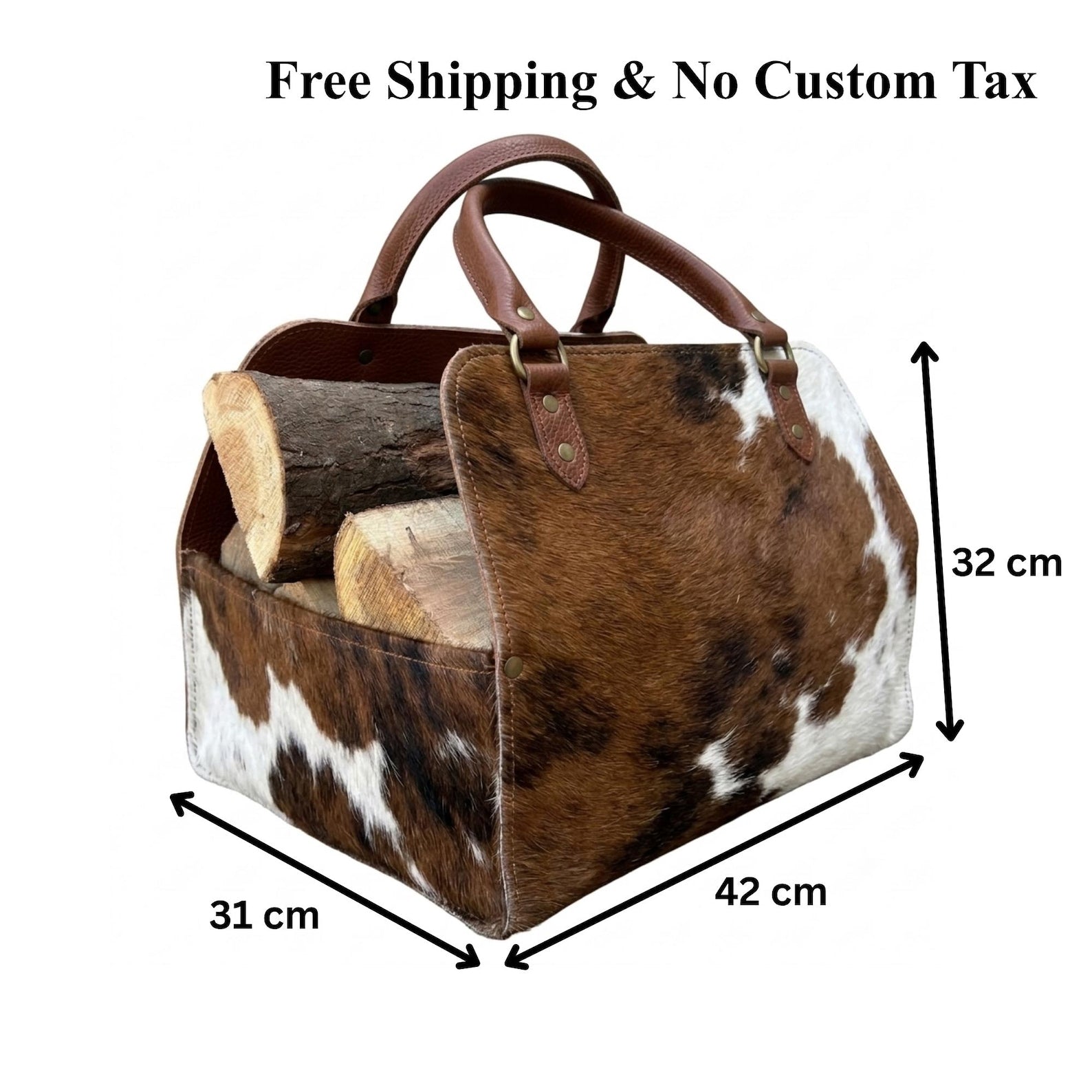Hair On Hide Leather Log Carrier, Personalized Firewood Tote, Cowhide Wood Carrier, Fireplace Log Holder, Rustic Hearth Gift, Fireplace Bag