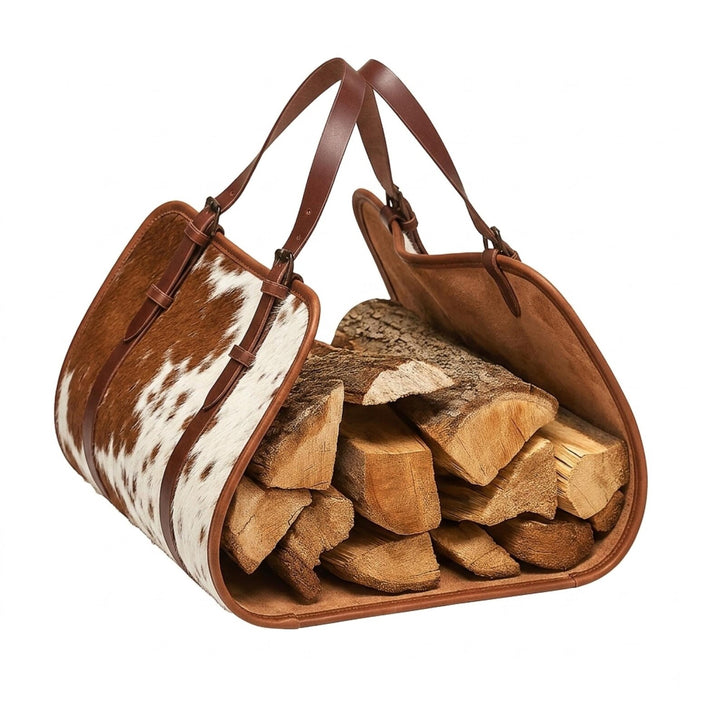 Hair-On Hide Leather Log Carrier, Personalized Cowhide Firewood Tote, Rustic Fireplace Wood Holder, Gift For Winters & Christmas