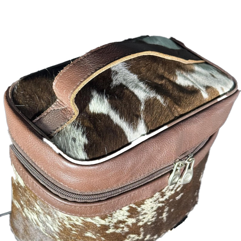 Handmade Cowhide Makeup Bag, Cosmetic Bag  Brown & White Leather Western Style Vanity Box