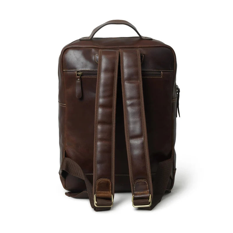 Dark Brown Leather Backpack Side and Carry Handle View