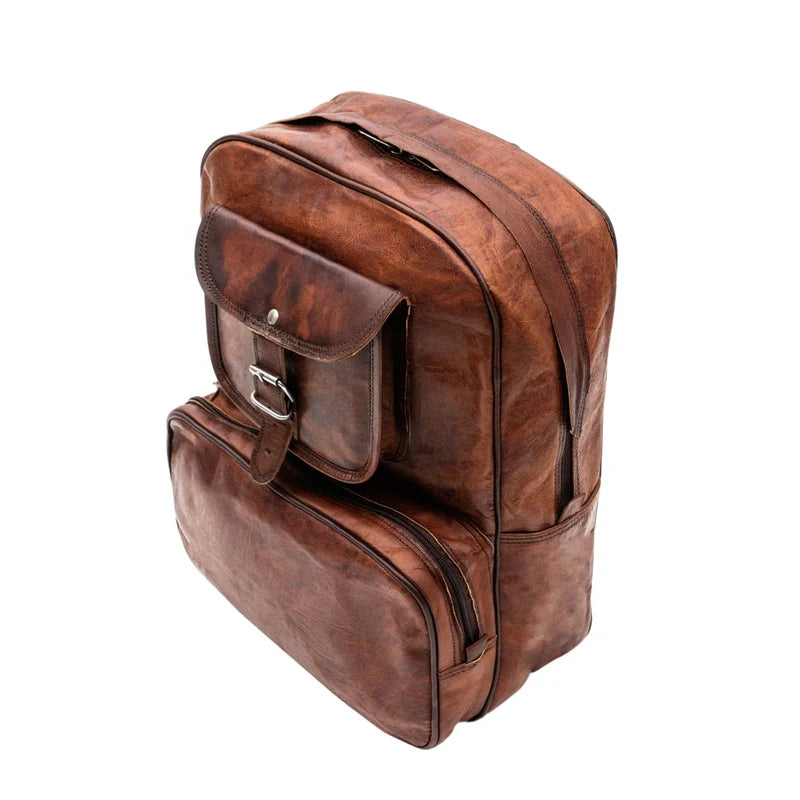 Vintage Brown Leather Backpack Side and Storage View