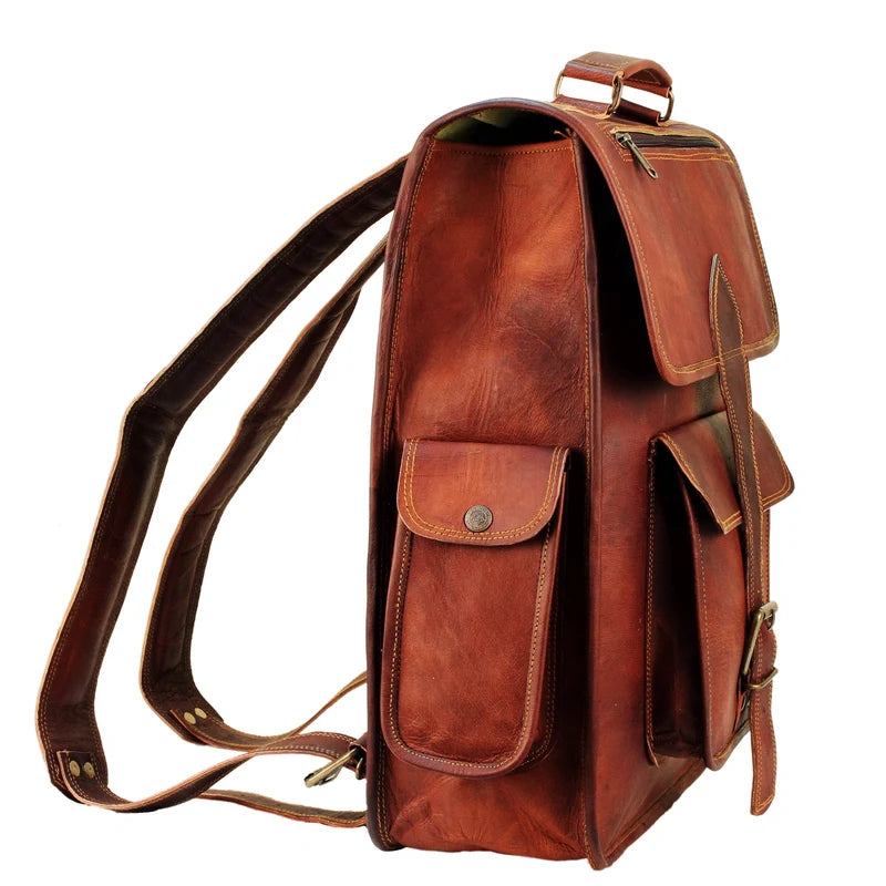 Vintage Brown Leather Backpack Side View and Pockets