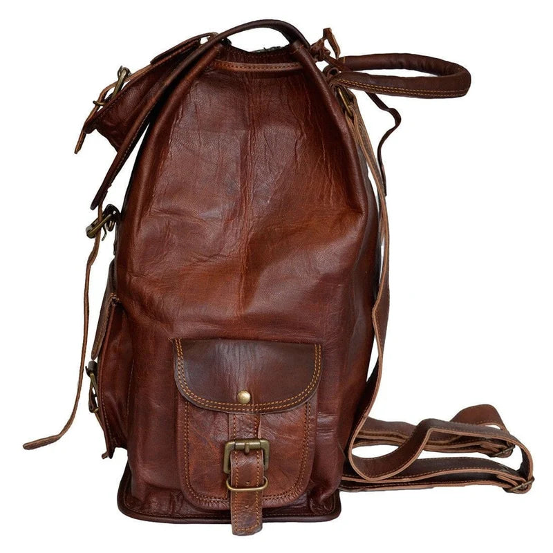 Vintage Dark Brown Leather Backpack Back and Straps