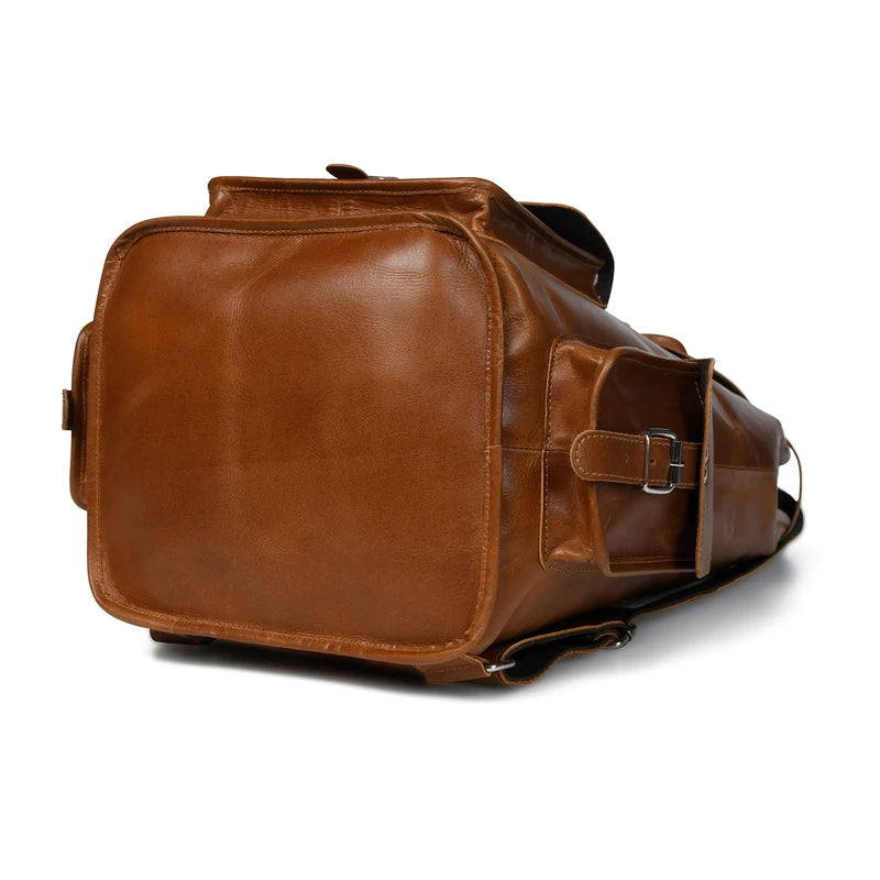 Brown Leather Backpack Bottom and Side View