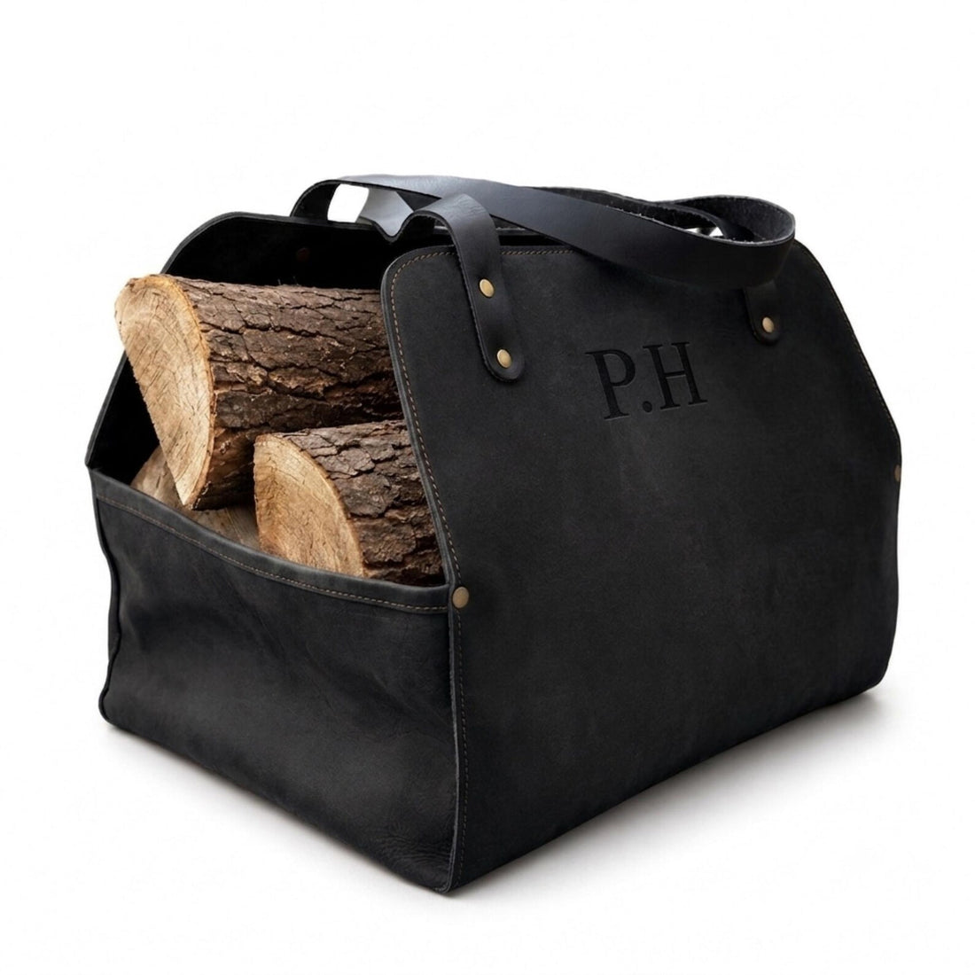 Premium Matte Black Leather Firewood Storage Bag