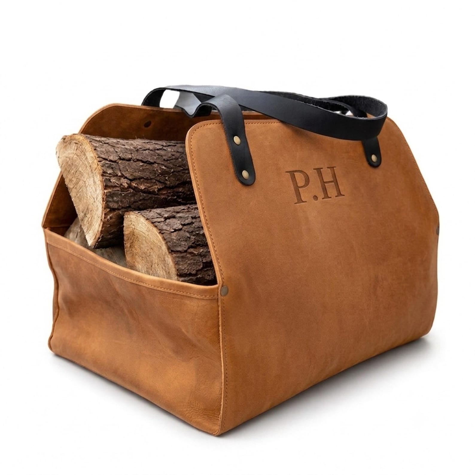 Personalized Leather Log Carrier, Firewood Tote, Engraved Log Holder, Fireplace Wood Carrier, Leather Firewood Bag, Hearth Gift, Christmas