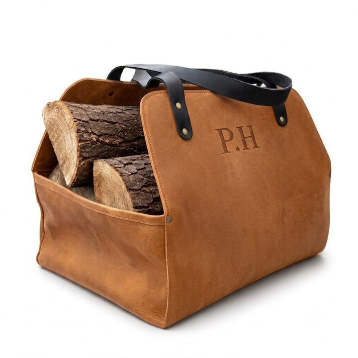 Personalized Leather Log Carrier, Firewood Tote, Engraved Log Holder, Fireplace Wood Carrier, Leather Firewood Bag, Hearth Gift, Christmas