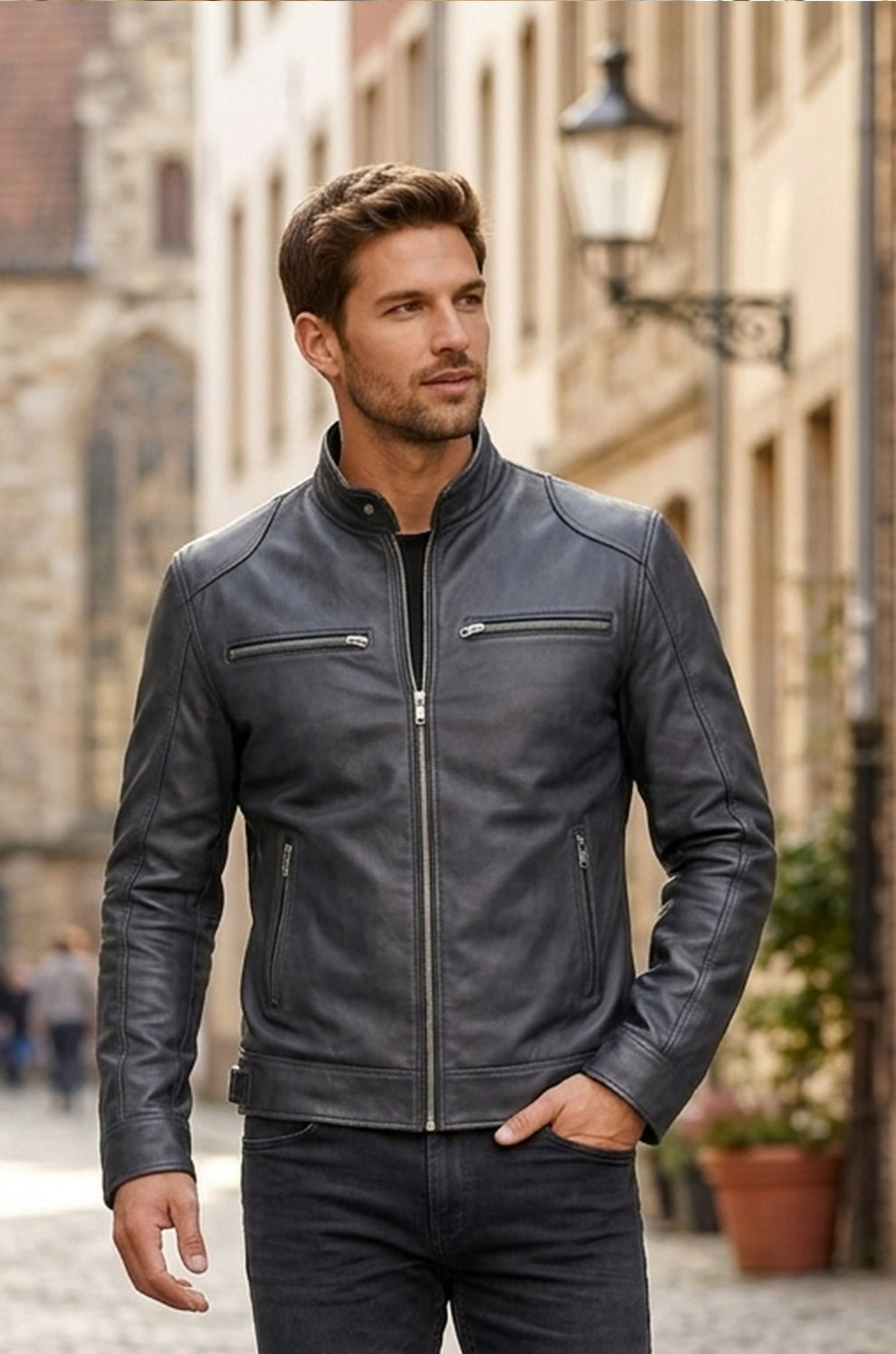 Cafe Racer Retro M042 Men's Black Real Leather Jacket