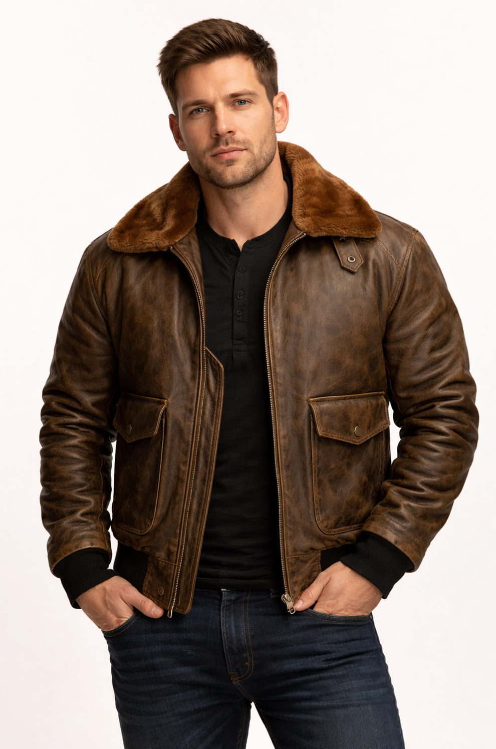 Aviator A-2 Real Bomber Flight Jacket Distressed Brown Men's Leather Jacket