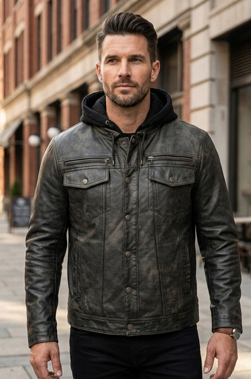 Biker Black Hood Motorcycle Coat Latest Men's Real Leather Jacket