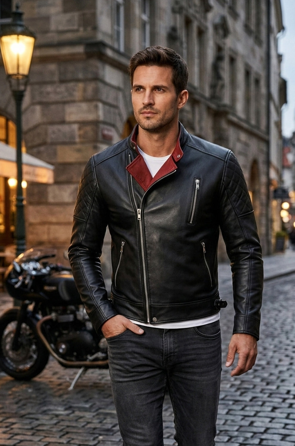 Men Biker Real Leather Jacket Black - Cafe Racer Jacket