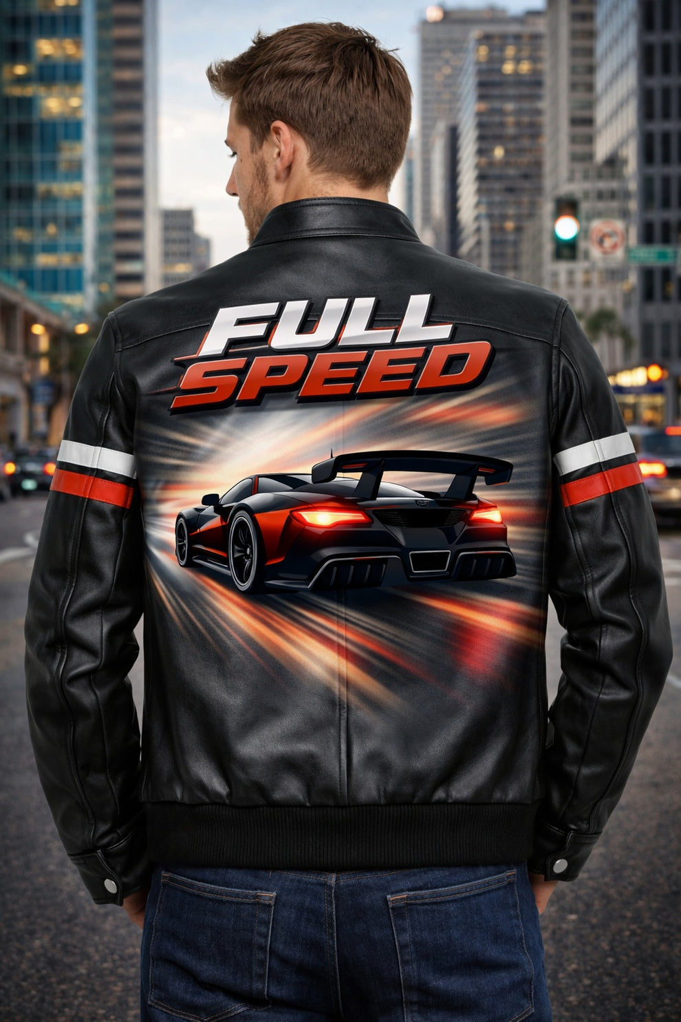 Men's Print Jackets\MP006 Full Speed Supercar Racing Leather Jacket - Modern Street Racer Design