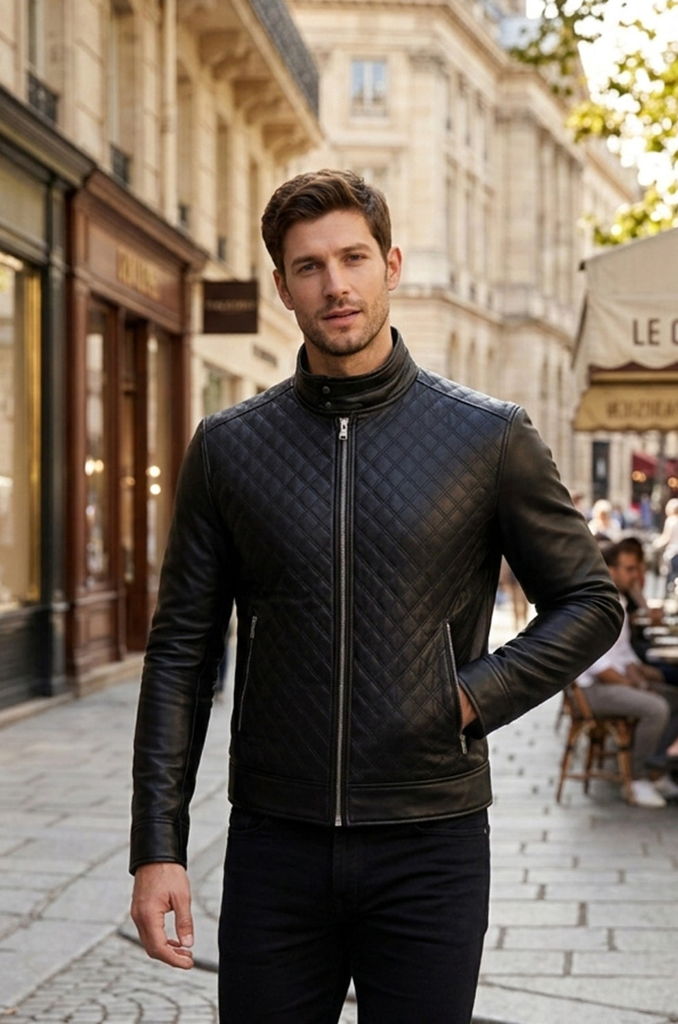 Quilted Black Fashion Cafe Racer Real Leather Jacket For Men