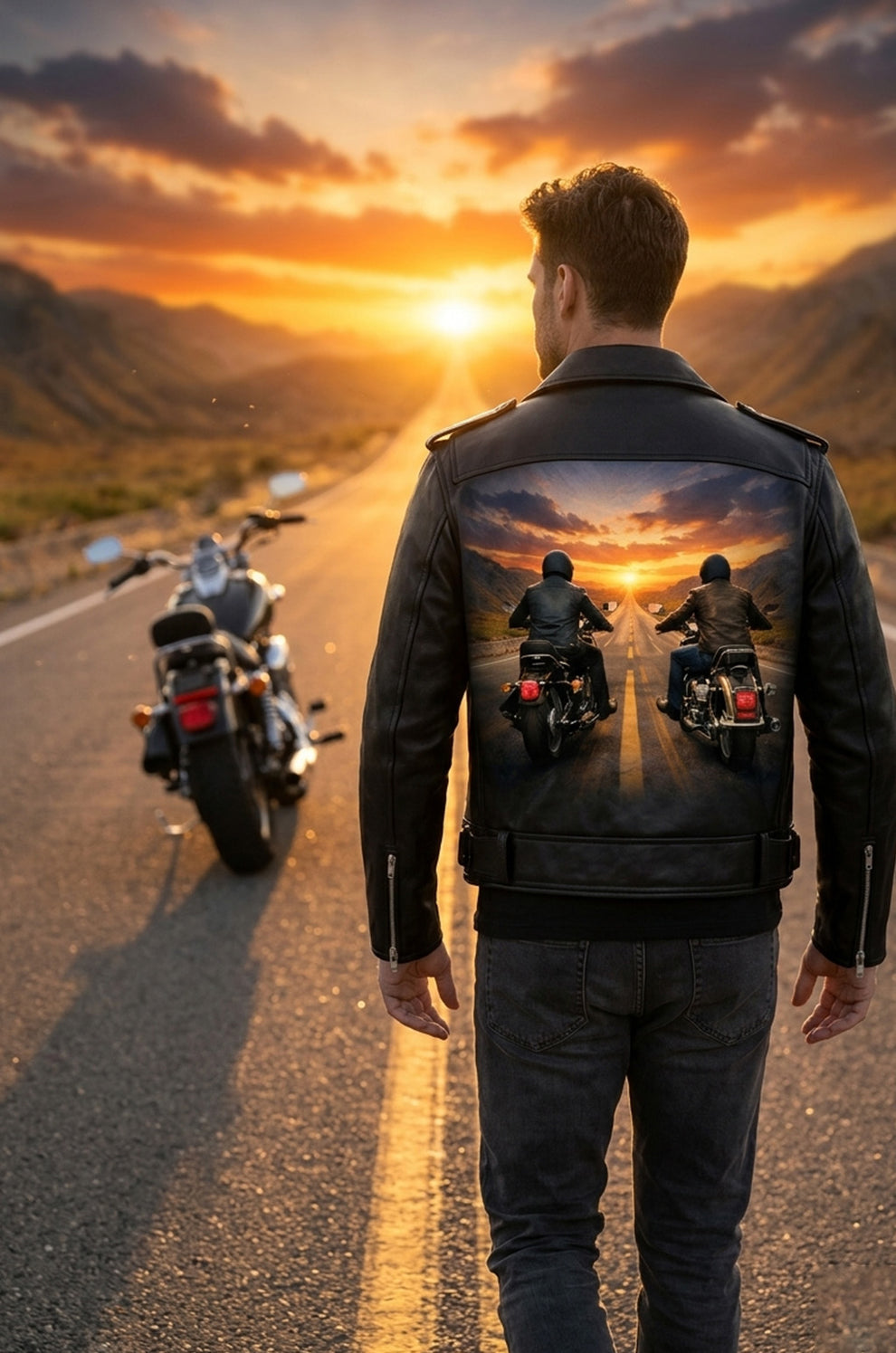 Men's Print Jackets\MP004 Sunset Riders Brotherhood Leather Jacket - Two Bikers Riding Into Sunset Design
