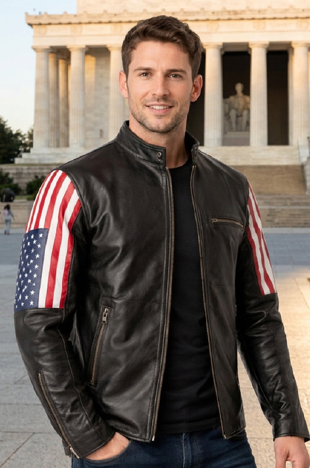 New Style 2019 Racer US Flag Men's Leather Jacket