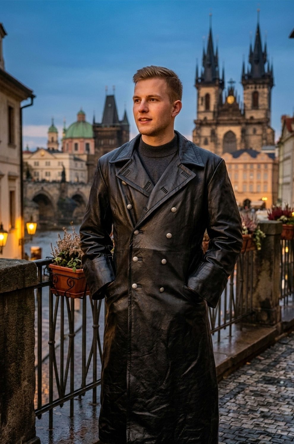 C004 Black German Army Classic Trench Genuine Jacket Real Leather Military Men's Fashion Coat