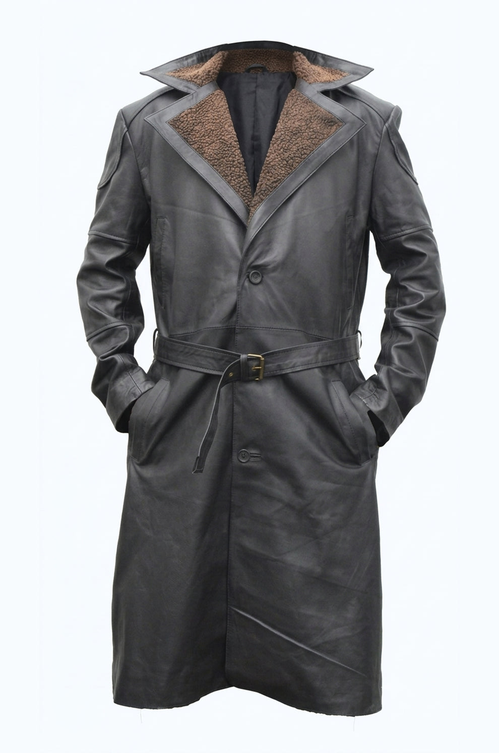 C006 German WW2 Brown Belted Fur Lapel Trench Long Blade Runner Men's Coat