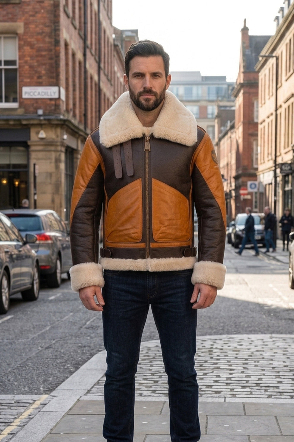 Aviator Jackets\B016 Two Tone RAF Bomber Brown Real Sheepskin Shearling Men's Jacket